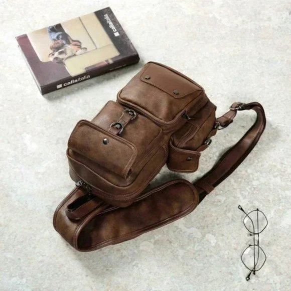 NEW MEN Sling Bag PU Leather Brown A - Picture 2 of 8